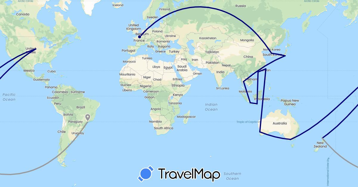 TravelMap itinerary: driving, plane in Australia, Brazil, China, France, Indonesia, Japan, South Korea, New Zealand, Thailand, Taiwan (Asia, Europe, Oceania, South America)